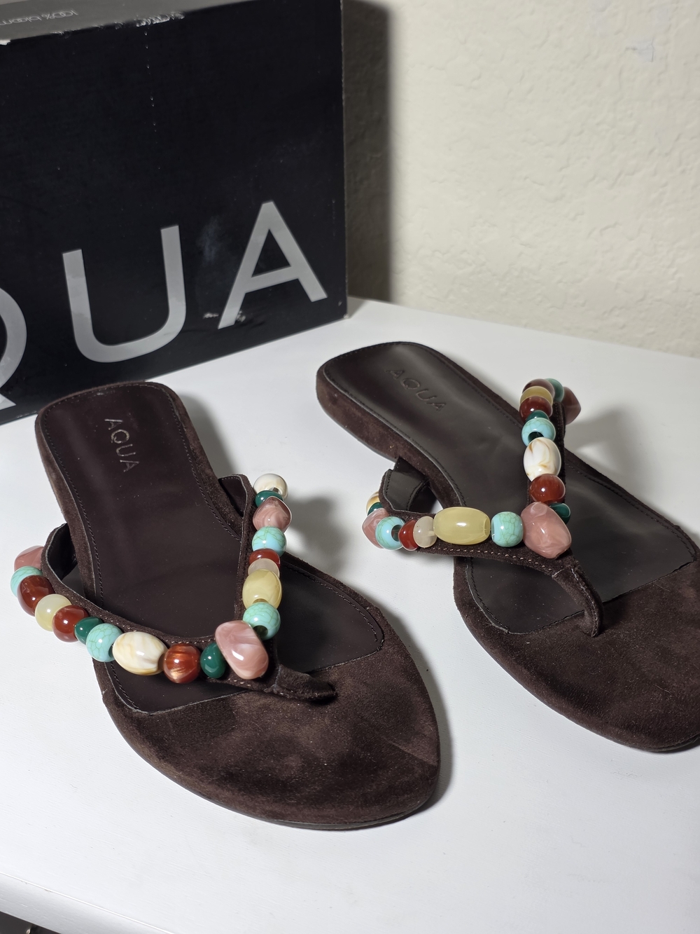 Aqua Brown Beaded Toe-Post Sandals Jules Thong Sandals Size 7
